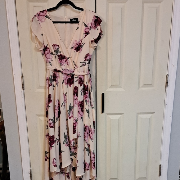 Lulu's Pink and Cream Floral Wrap Dress - Picture 2 of 5